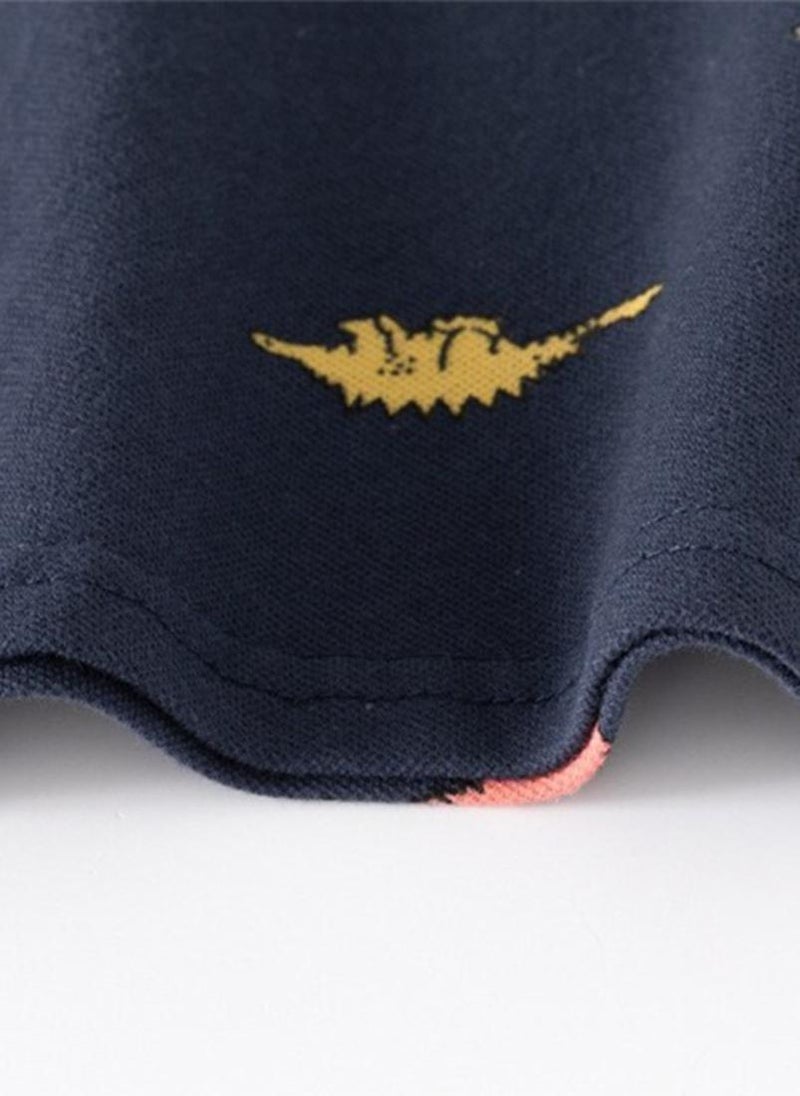 يونيكي Navy Blue Printed Polo Collar Cotton T-shirt - Image 5