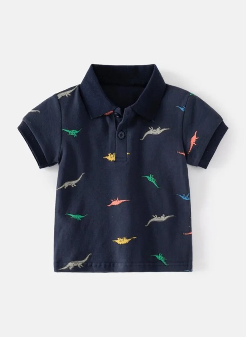 YUNIQEE Navy Blue Printed Polo Collar Cotton T-shirt