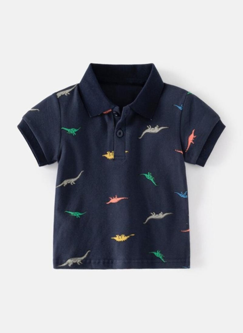 يونيكي Navy Blue Printed Polo Collar Cotton T-shirt - Image 1