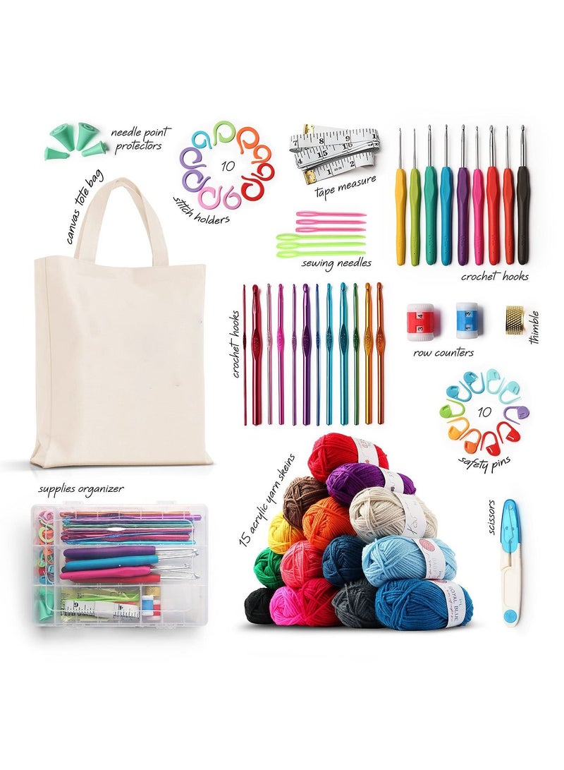 KASTWAVE 73 Piece Crochet Kit with Crochet Hooks Yarn Set, Premium Bundle Includes Yarn Balls Needles Accessories Kit Canvas Tote Bag and Lot More Starter Pack for Kids Adults Beginner Professionals  - Image 4