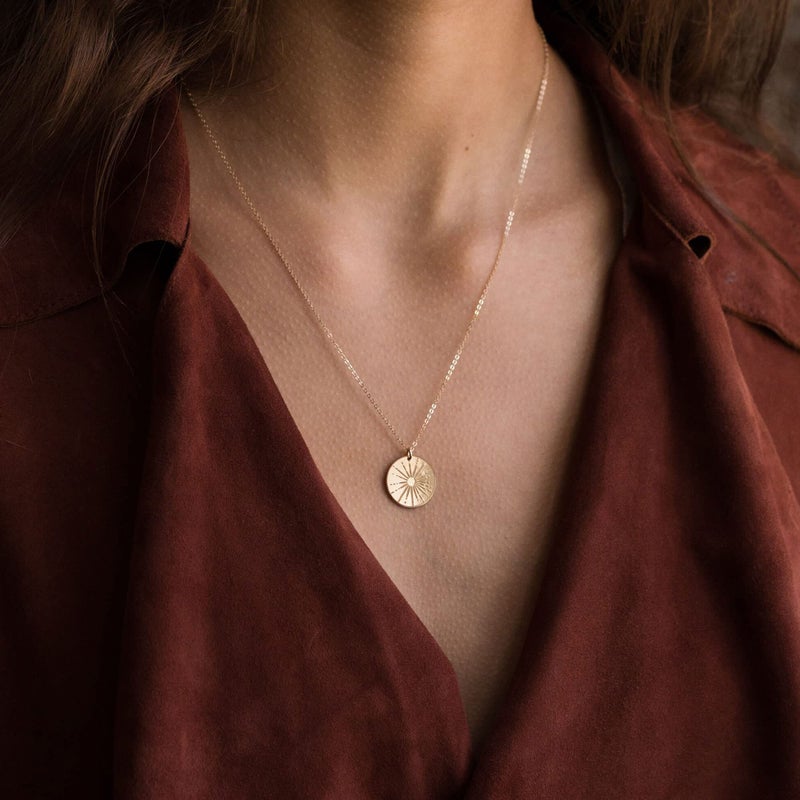 VRIUA Sun Necklace for Women 14k Gold Plated Dainty Disc Sun Pendant Gold Coin Necklace Minimalist Simple Jewelry - Image 2