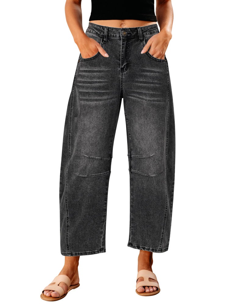GRAPENT Balloon Jeans for Women Womens High Waisted Jeans Crop Pants for Women Casual High Waisted Baggy Jean Pants for Summer High Rise Barrel Trousers Color Faded Black Small Size 4 Size 6 - Image 1