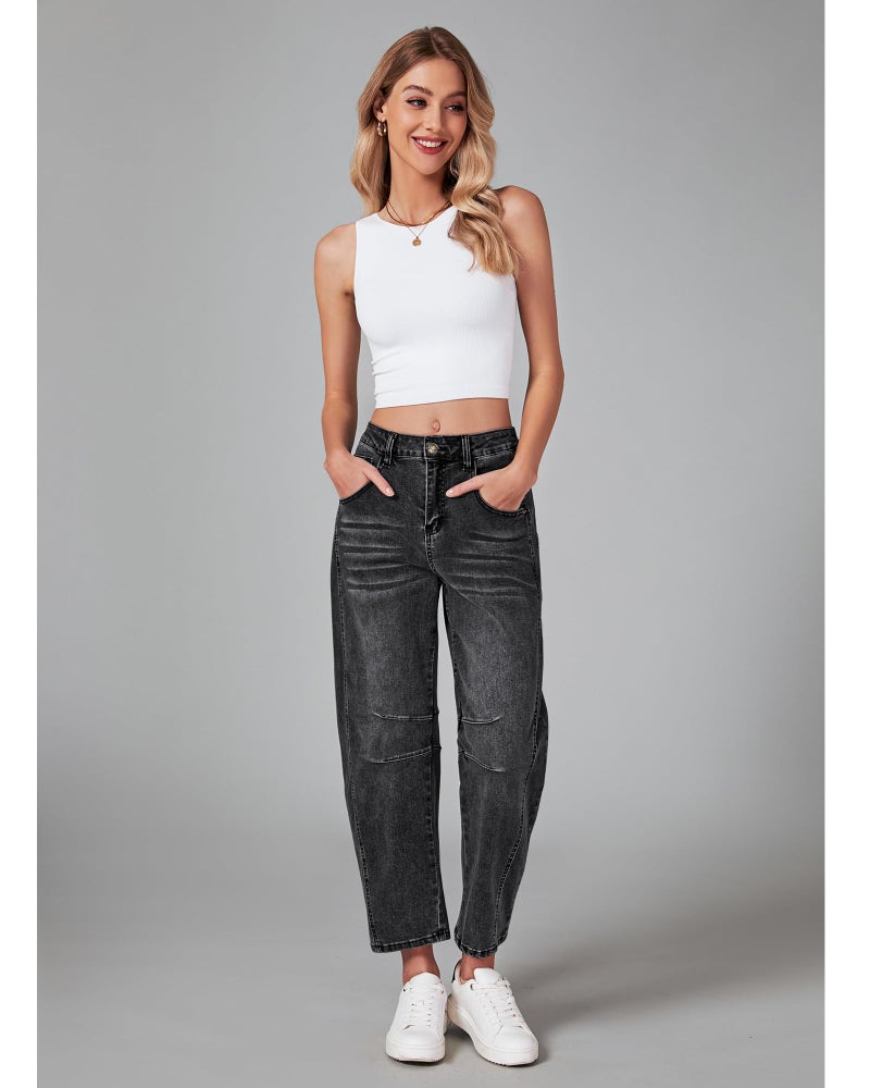 GRAPENT Balloon Jeans for Women Womens High Waisted Jeans Crop Pants for Women Casual High Waisted Baggy Jean Pants for Summer High Rise Barrel Trousers Color Faded Black Small Size 4 Size 6 - Image 4