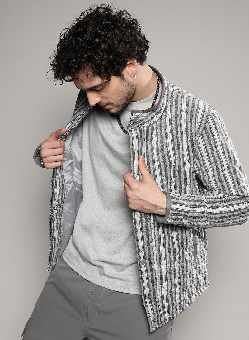 Campus Sutra Men's Moon Grey Halo Striped Quilted Jacket - Image 2