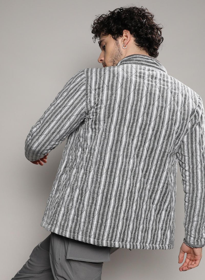 Campus Sutra Men's Moon Grey Halo Striped Quilted Jacket - Image 5