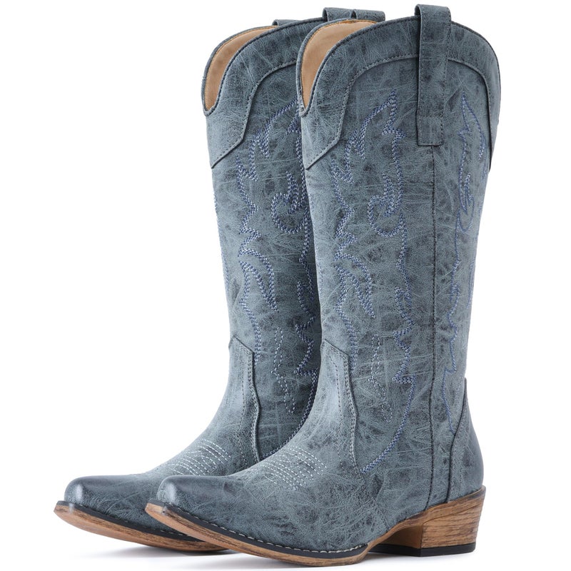 IUV Cowboy Boots for Women Mid Calf Fashion Cowgirl Boots with Embroidery Western Snip Toe - Image 1
