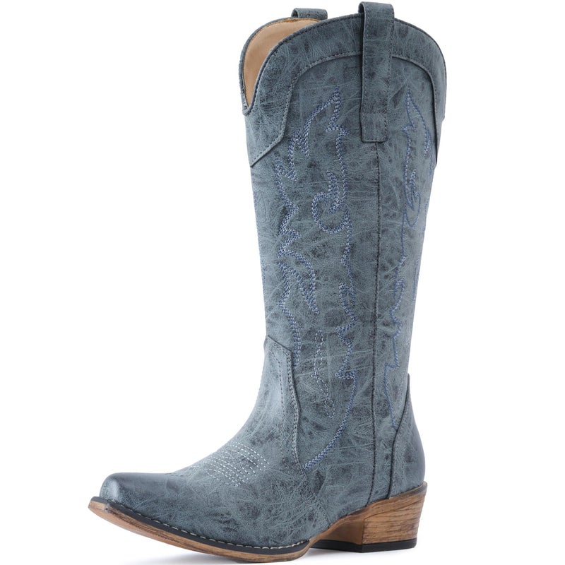 IUV Cowboy Boots for Women Mid Calf Fashion Cowgirl Boots with Embroidery Western Snip Toe - Image 4