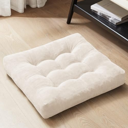 Degrees of Comfort Meditation Floor Pillow, Square Large Pillows Seating for Adults, Tufted Corduroy Cushion for Balcony Bedroom Tatami Living Room, Beige, 22x22 Inch - Image 1
