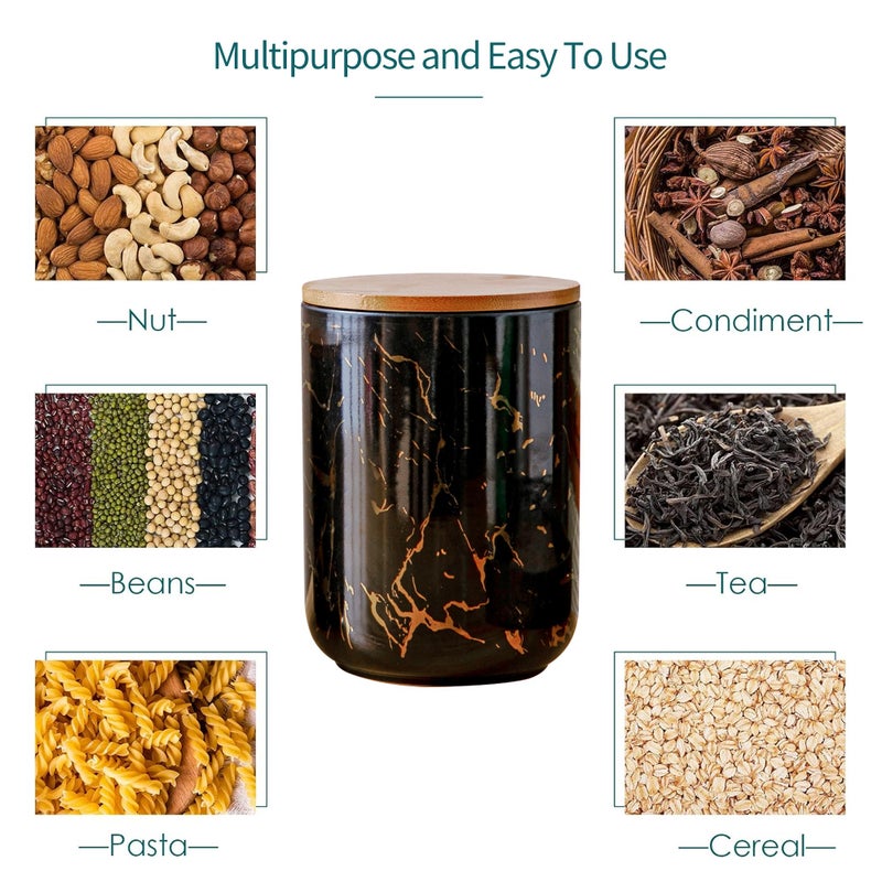 Tenforie Ceramic Canister Set with Bamboo Airtight Lids, 3-Piece Kitchen Storage Jars (48oz, 30oz, 12oz) â€“ Black with Gold Marble Pattern, Glossy Finish, for Coffee, Sugar, Flour & More - Image 2