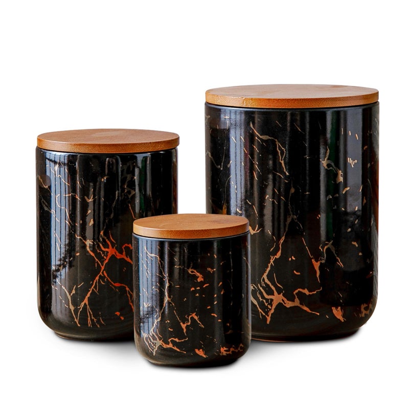 Tenforie Ceramic Canister Set with Bamboo Airtight Lids, 3-Piece Kitchen Storage Jars (48oz, 30oz, 12oz) â€“ Black with Gold Marble Pattern, Glossy Finish, for Coffee, Sugar, Flour & More - Image 1
