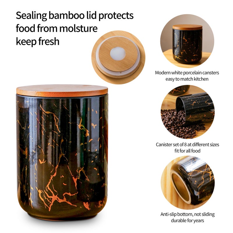 Tenforie Ceramic Canister Set with Bamboo Airtight Lids, 3-Piece Kitchen Storage Jars (48oz, 30oz, 12oz) â€“ Black with Gold Marble Pattern, Glossy Finish, for Coffee, Sugar, Flour & More - Image 5