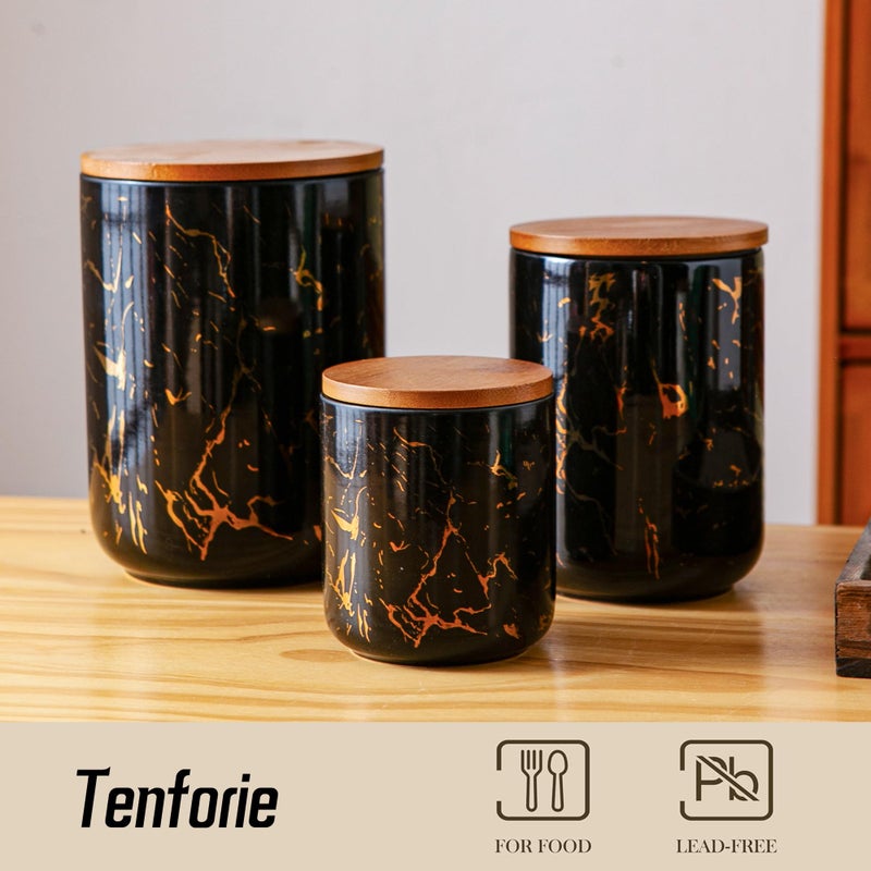 Tenforie Ceramic Canister Set with Bamboo Airtight Lids, 3-Piece Kitchen Storage Jars (48oz, 30oz, 12oz) â€“ Black with Gold Marble Pattern, Glossy Finish, for Coffee, Sugar, Flour & More - Image 3