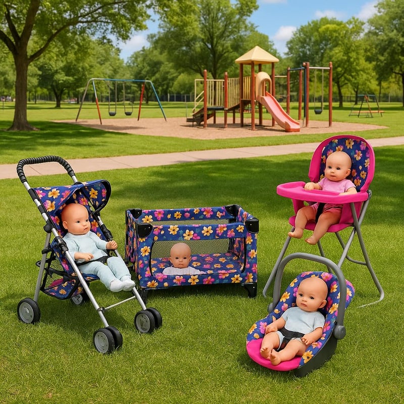 fash n kolor 4 Piece Baby Doll Play Set Flower Design Includes - Foldable Pack N Play, Baby Doll Stroller, Baby Doll High Chair, Infant Seat, Fits Up to 18'' Doll 4 Piece Doll Accessories Set - Image 2
