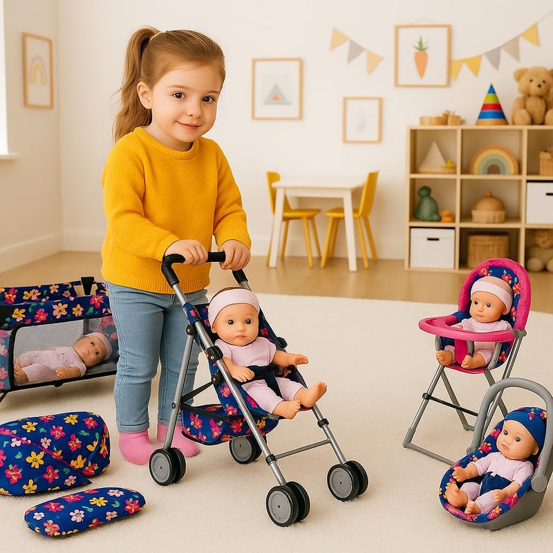 fash n kolor 4 Piece Baby Doll Play Set Flower Design Includes - Foldable Pack N Play, Baby Doll Stroller, Baby Doll High Chair, Infant Seat, Fits Up to 18'' Doll 4 Piece Doll Accessories Set - Image 3