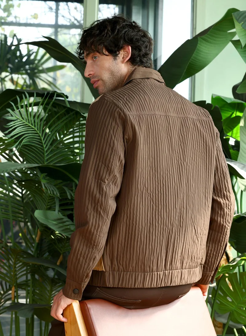 Campus Sutra Men Panelled Crease-Tactile Jacket | Point Collar, Long Button-Cuff Sleeves | Snap Button , Stretch-Straight Hem | Colourblock Textured | Woven Fabric For Casual & Daily Wear | Coffee Brown & Buff Beige