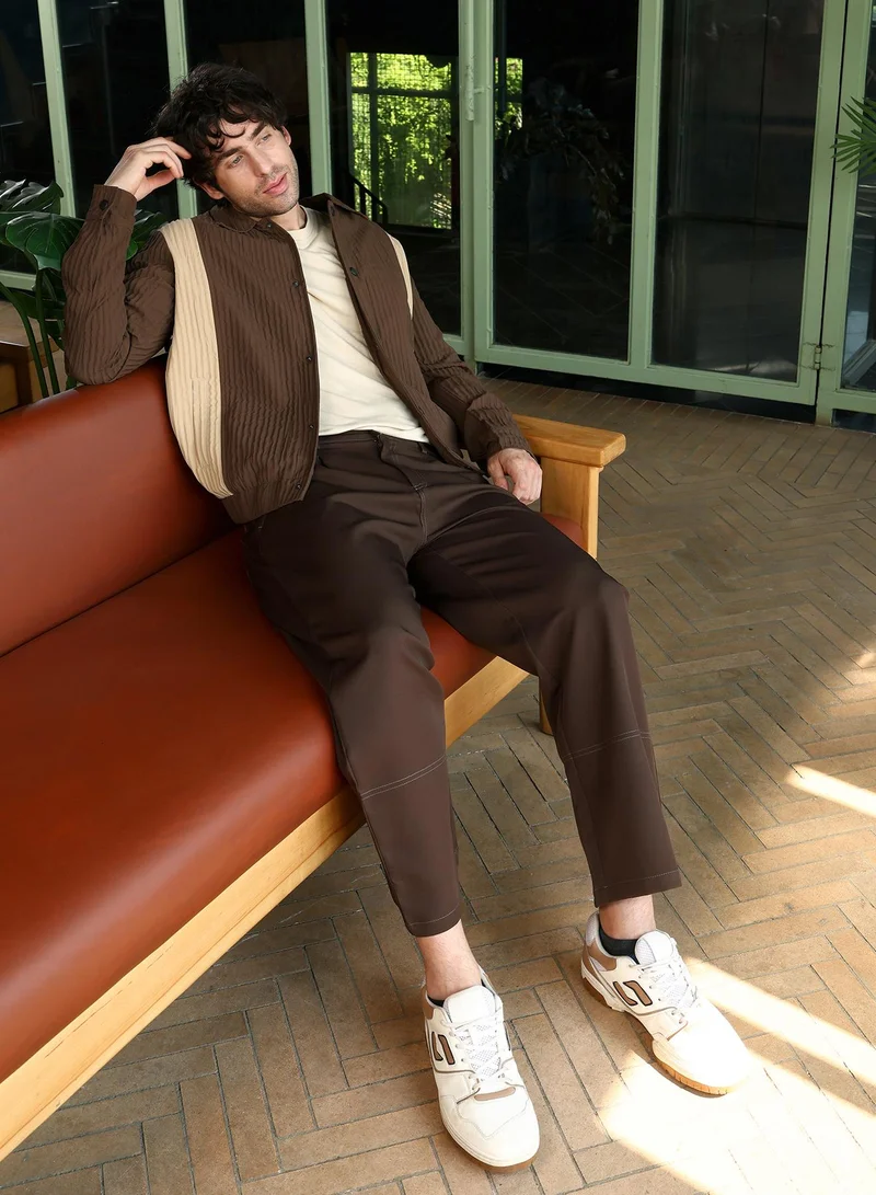 Campus Sutra Men Panelled Crease-Tactile Jacket | Point Collar, Long Button-Cuff Sleeves | Snap Button , Stretch-Straight Hem | Colourblock Textured | Woven Fabric For Casual & Daily Wear | Coffee Brown & Buff Beige