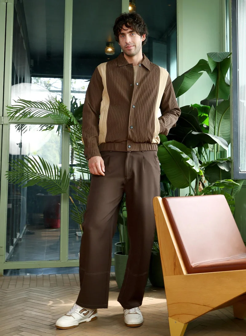 Campus Sutra Men Panelled Crease-Tactile Jacket | Point Collar, Long Button-Cuff Sleeves | Snap Button , Stretch-Straight Hem | Colourblock Textured | Woven Fabric For Casual & Daily Wear | Coffee Brown & Buff Beige