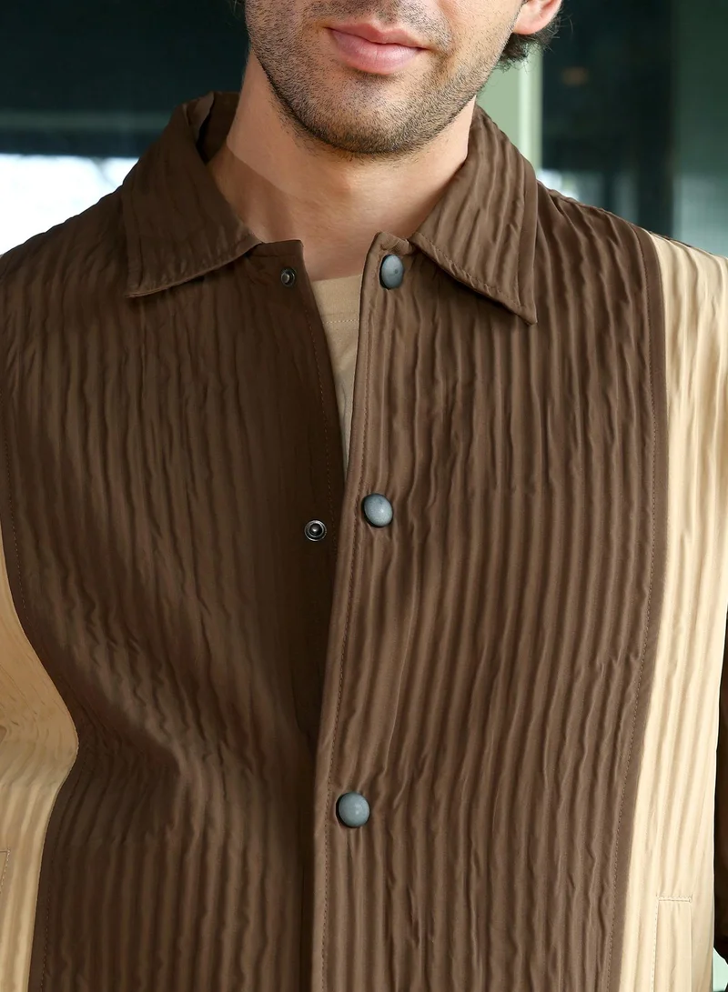 Campus Sutra Men Panelled Crease-Tactile Jacket | Point Collar, Long Button-Cuff Sleeves | Snap Button , Stretch-Straight Hem | Colourblock Textured | Woven Fabric For Casual & Daily Wear | Coffee Brown & Buff Beige