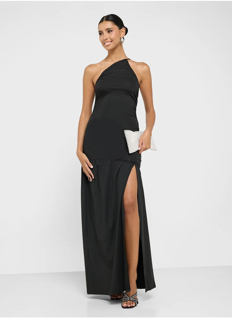Ginger One Shoulder Ruched Dress With Slit