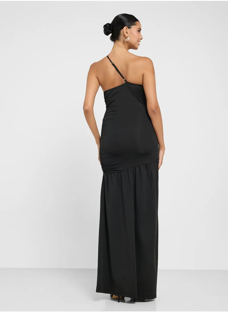 Ginger One Shoulder Ruched Dress With Slit