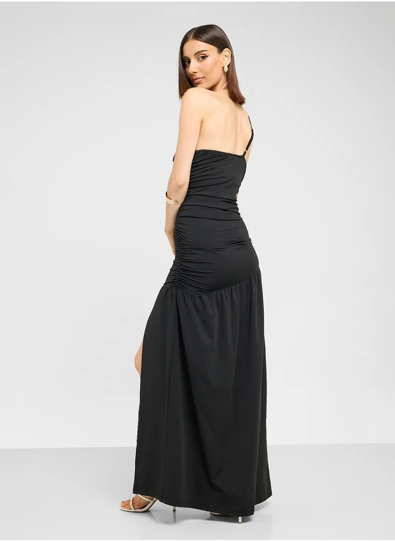 Ginger One Shoulder Ruched Dress With Slit
