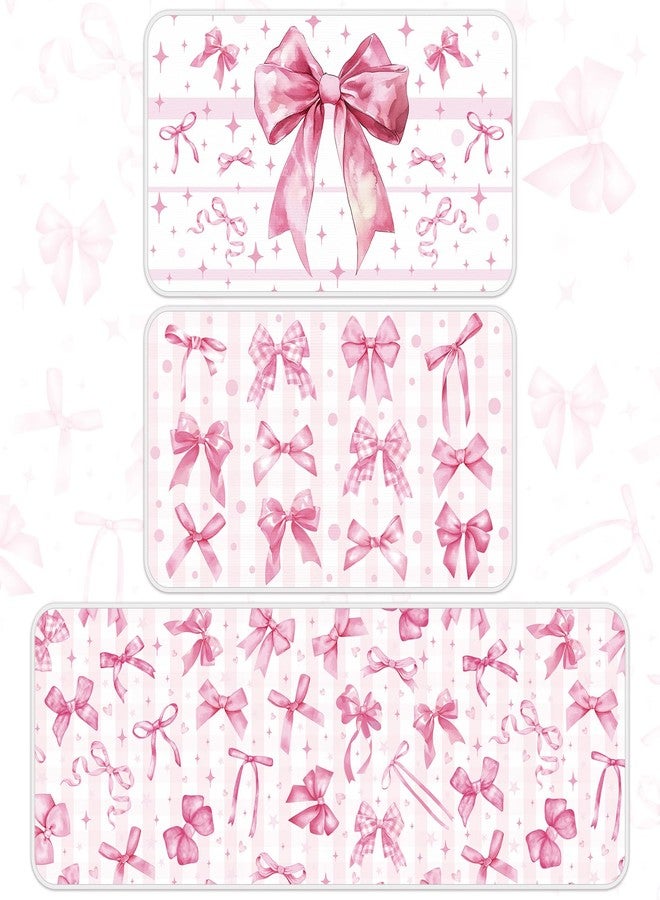 Drydiet 3 Pcs Pink Bow Kitchen Rugs and Mats Set Cute Coquette Non Slip Rug Pink Bowknot Waterproof Home Floor Mat for Kitchen Door Party Decor, 17 x 29 and 17 x 47 Inch - Image 1