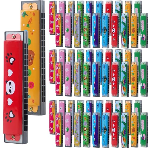 Restroma 100 Pcs Kids Cartoon Harmonica Bulk 16 Holes Plastic Harmonica Toys for Children Beginners Party Goodie Bags Stuffers Random Color Pattern - Image 1