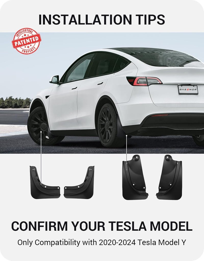 Basenor 2024 Upgraded Tesla Model Y Mud Flaps Splash Guards Vehicle Sediment Protection No Drilling No Tape Mudflaps Tire Protector Mudflaps All Weather Tesla Exterior Accessories (Set of 4) - Image 2