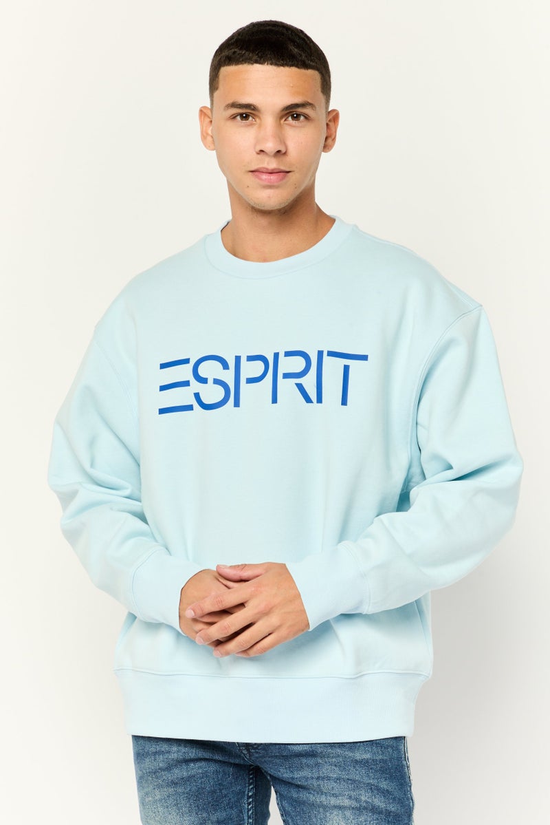 ESPRIT Men Crew Neck Long Sleeves Brand Logo Sweatshirts, Light Blue - Image 1