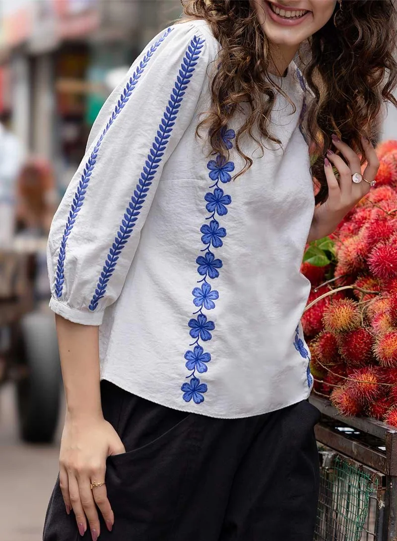 Zigzag  Sleeve And Front Embroidered Three Quarter White Sleeve Top for Women | Best Price UAE