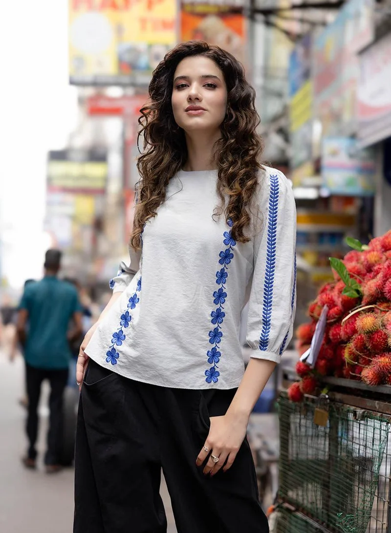Zigzag Sleeve And Front Embroidered Three Quarter White Sleeve Top