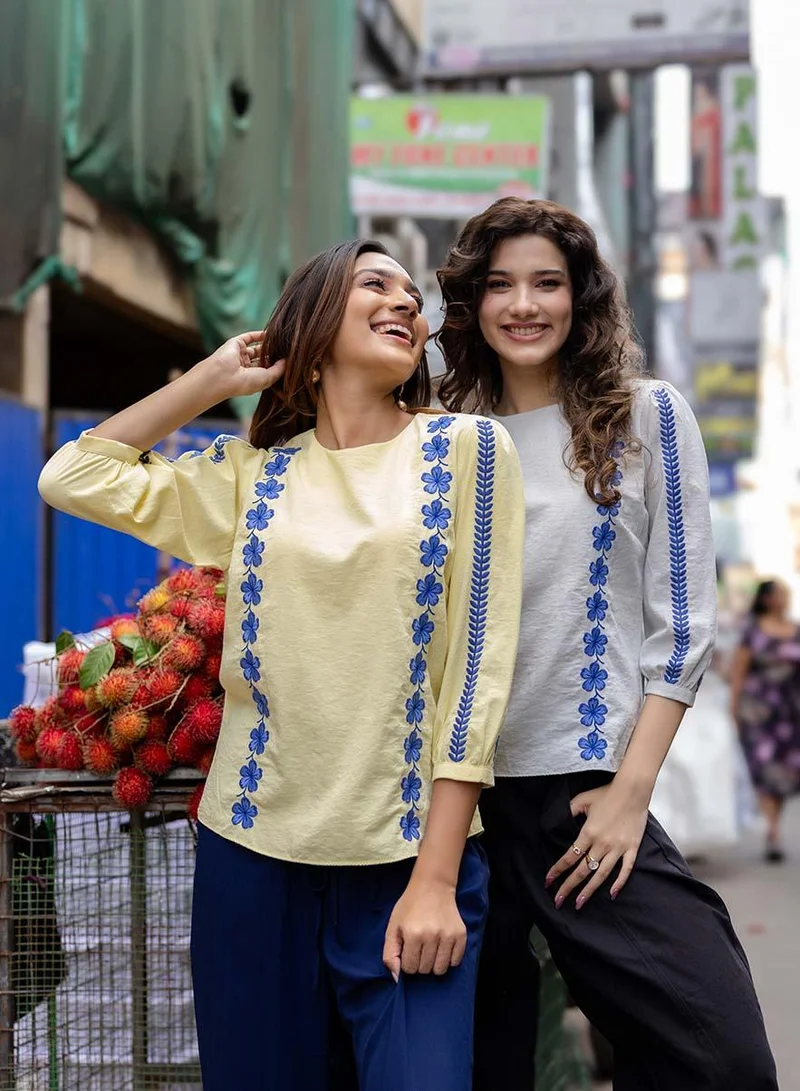 Zigzag  Sleeve And Front Embroidered Three Quarter White Sleeve Top for Women | Best Price UAE