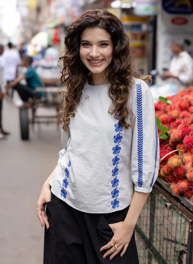 Zigzag Sleeve And Front Embroidered Three Quarter White Sleeve Top
