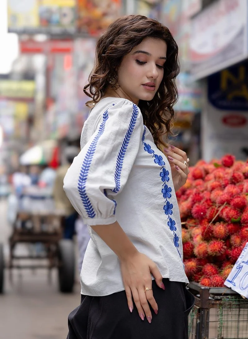 Zigzag  Sleeve And Front Embroidered Three Quarter White Sleeve Top for Women | Best Price UAE