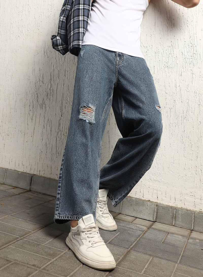 هوبرهولمي جينز فضفاض رجالي نيلي بخصر متوسط، باهت فاتح، قطن خالص، طراز التسعينيات - Image 1