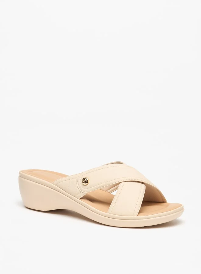 فلورا بيلا من شو إكسبرس Women's Textured Slip-On Cross Strap Sandals with Block Heels