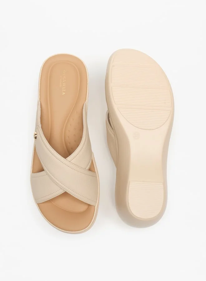 فلورا بيلا من شو إكسبرس Women's Textured Slip-On Cross Strap Sandals with Block Heels