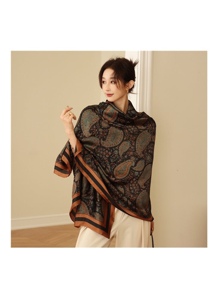Zeemey Women's retro paisley pattern large square scarf, black background with orange and green pattern, exquisite pattern and artistic sense, smooth texture, 110*110cm large size can be used as scarf, shawl, enhance the style of your outfit - Image 4