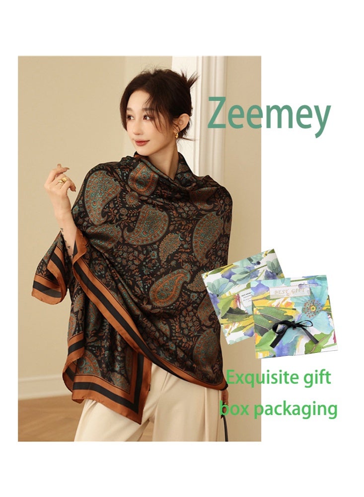 Zeemey Women's retro paisley pattern large square scarf, black background with orange and green pattern, exquisite pattern and artistic sense, smooth texture, 110*110cm large size can be used as scarf, shawl, enhance the style of your outfit - Image 1