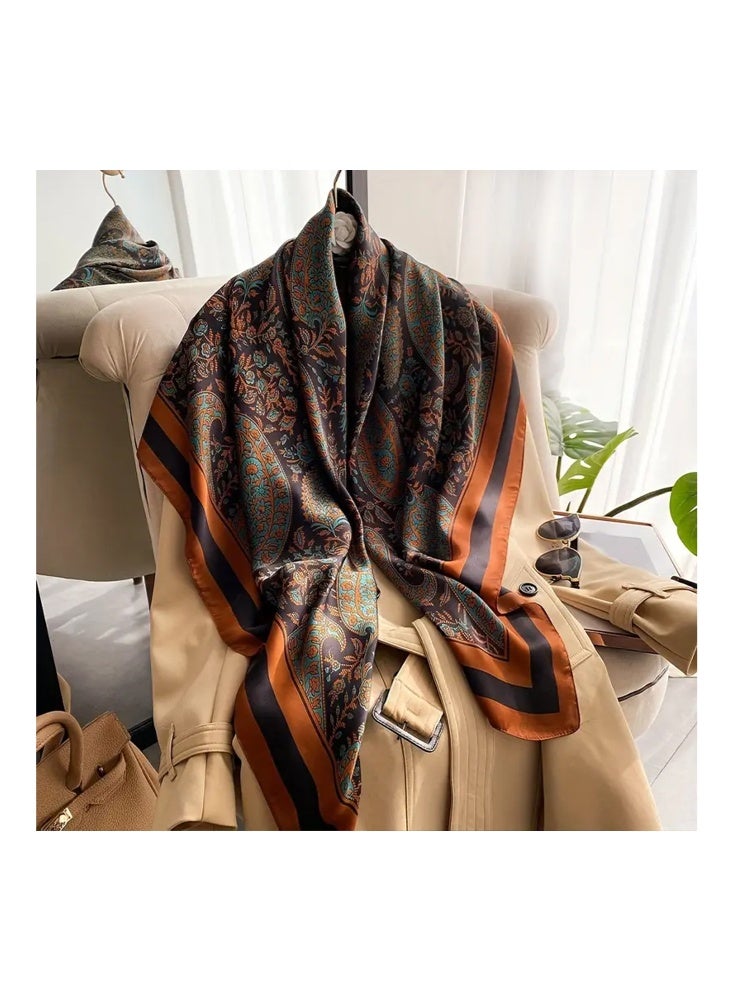 Zeemey Women's retro paisley pattern large square scarf, black background with orange and green pattern, exquisite pattern and artistic sense, smooth texture, 110*110cm large size can be used as scarf, shawl, enhance the style of your outfit - Image 2