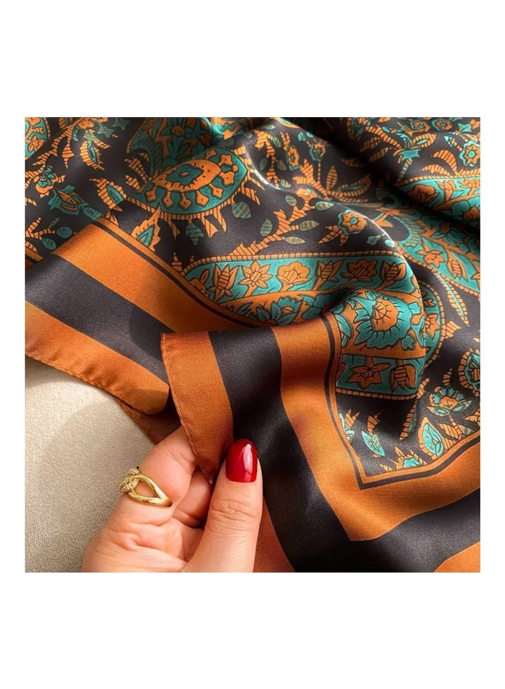 Zeemey Women's retro paisley pattern large square scarf, black background with orange and green pattern, exquisite pattern and artistic sense, smooth texture, 110*110cm large size can be used as scarf, shawl, enhance the style of your outfit - Image 3