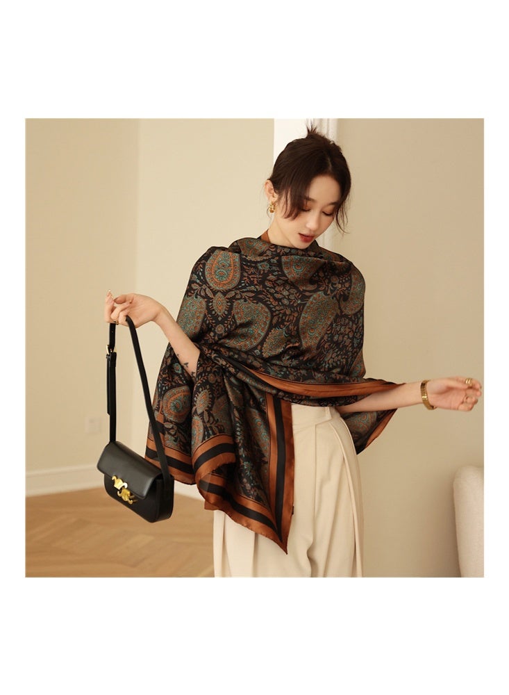 Zeemey Women's retro paisley pattern large square scarf, black background with orange and green pattern, exquisite pattern and artistic sense, smooth texture, 110*110cm large size can be used as scarf, shawl, enhance the style of your outfit - Image 5