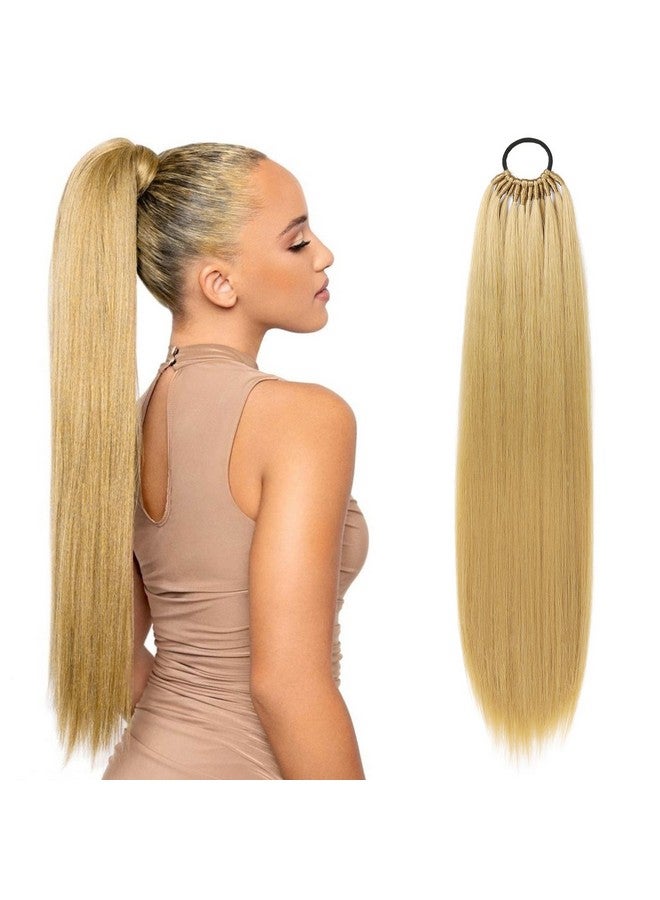 لوناي وصلات ذيل الحصان، وصلات ذيل حصان متعددة الاستخدامات بشريط مطاطي أشقر داكن للنساء، ذيل حصان طبيعي ناعم مستقيم بطول 32 بوصة - أشقر داكن - Image 1