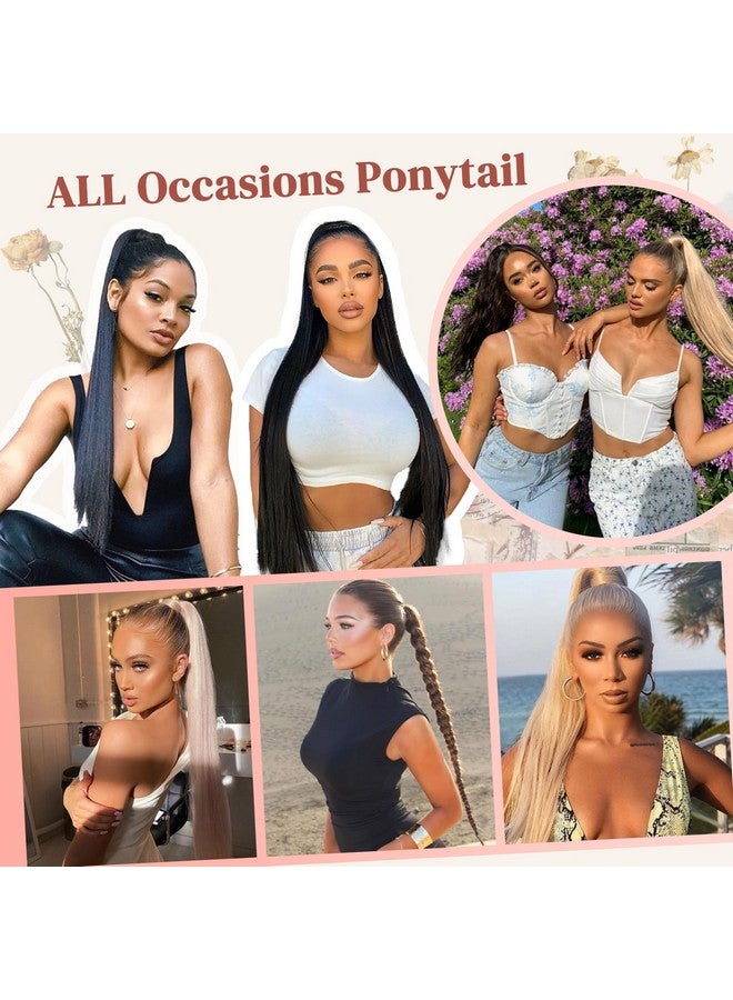لوناي وصلات ذيل الحصان، وصلات ذيل حصان متعددة الاستخدامات بشريط مطاطي أشقر داكن للنساء، ذيل حصان طبيعي ناعم مستقيم بطول 32 بوصة - أشقر داكن - Image 4