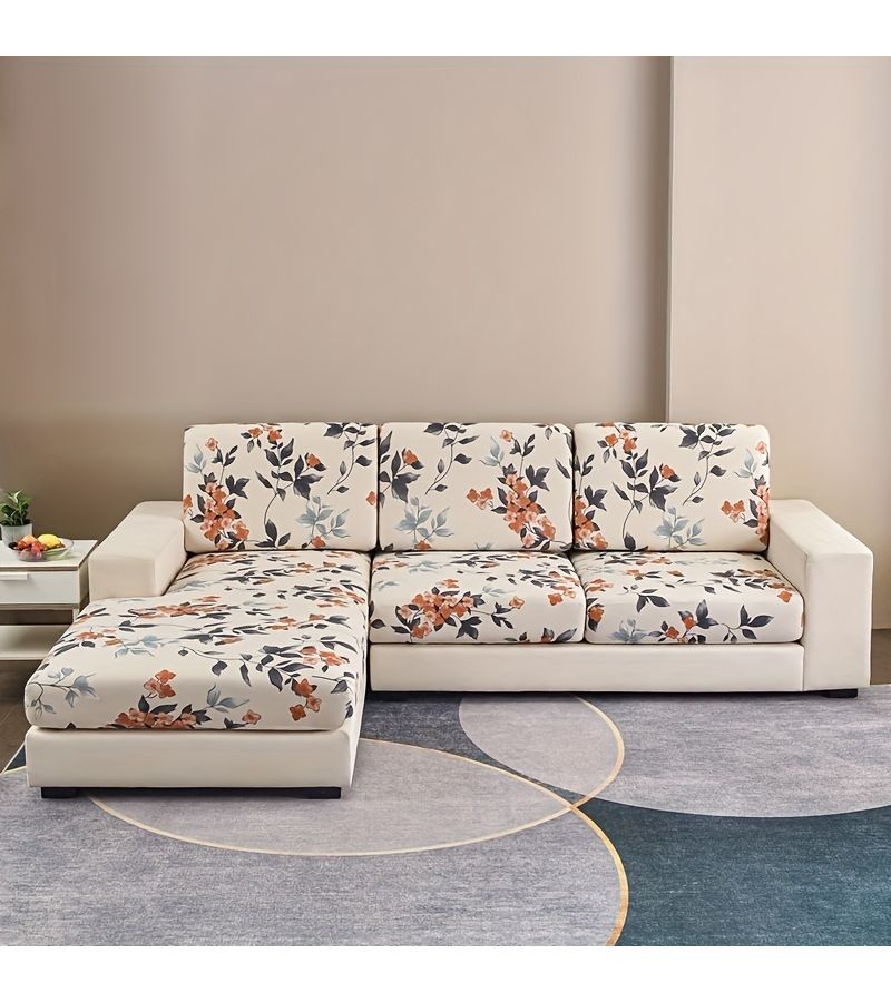 غطاء أريكة على شكل حرف L بمقاس XL، تغطية كاملة، مطاطي ومطبوع، وسادة ومسند ظهر لغرفة المعيشة - Image 1