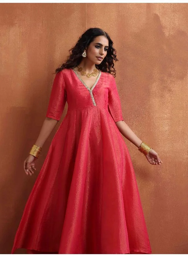 trueBrowns Hot Pink Tissue Flared Anarkali Kurta Set