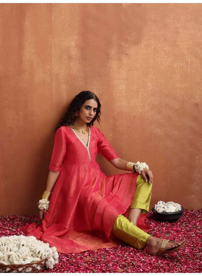 trueBrowns Hot Pink Tissue Flared Anarkali Kurta Set