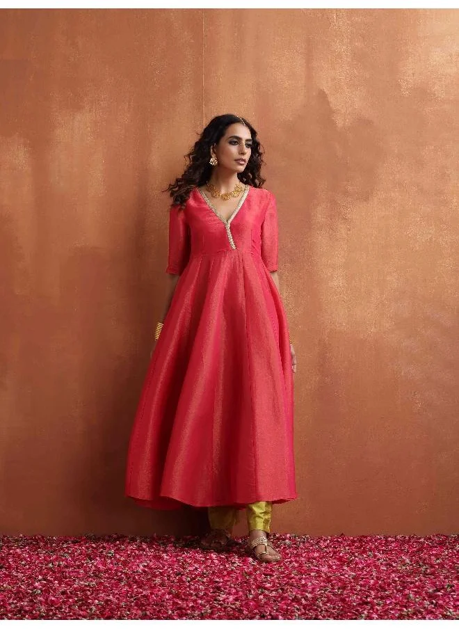 trueBrowns Hot Pink Tissue Flared Anarkali Kurta Set