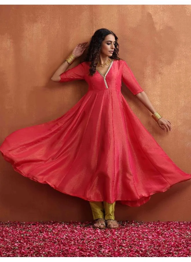 trueBrowns Hot Pink Tissue Flared Anarkali Kurta Set