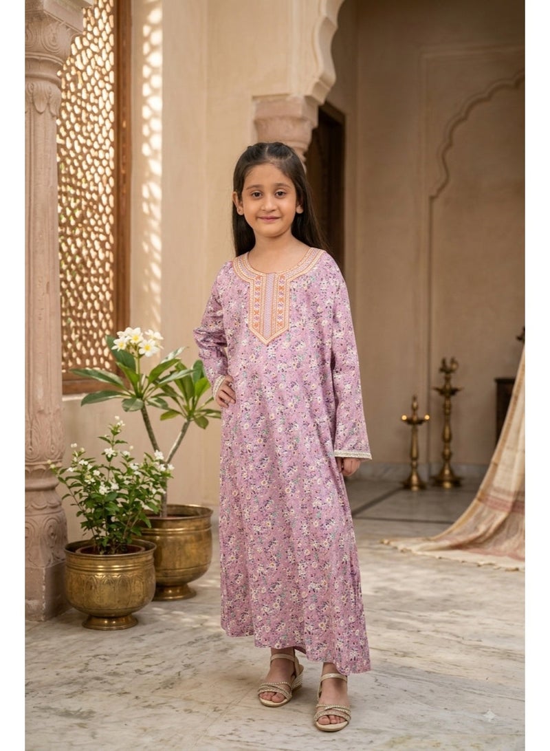 HANA & SARA Girls Viscose Blended Digital Print Floral Arabic Jalabiya – Lightweight Modest Wear Dress - Image 1